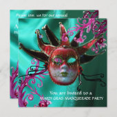 BLACK RED FUCHSIA JESTER MASK, Masquerade Party Kaart (Voorkant / Achterkant)