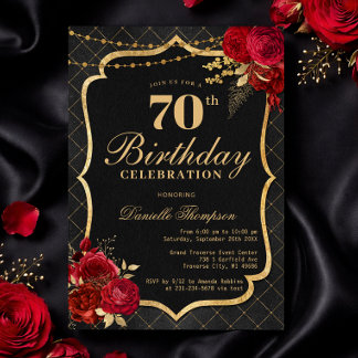 Black, Red & Gold 70th Birthday Invitation Kaart