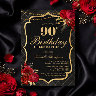 Black, Red & Gold 90th Birthday Invitation Kaart