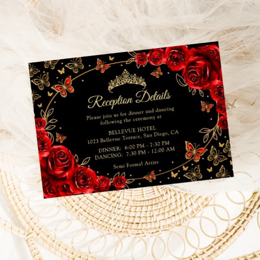 Black Red Gold Quinceanera Reception Details Informatiekaartje