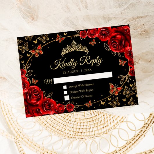 Black Red Gold Quinceanera Reply RSVP Kaartje