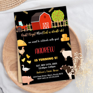 Black Red Green Farm Animaux Invitations Anniversa