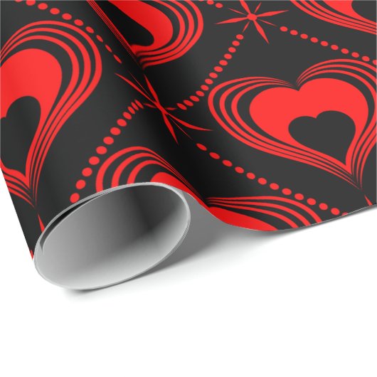 Black & Red Hearts Pattern Valentijn Cadeaupapier (Rol Hoek)