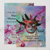 BLACK RED JESTER MASK, Masquerade Party Blue Kaart (Voorkant / Achterkant)