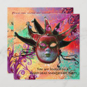 BLACK RED JESTER MASK, Masquerade Party Gold Kaart (Voorkant / Achterkant)