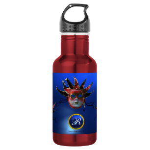 BLACK RED JESTER MASK, Masquerade Party Monogram Waterfles