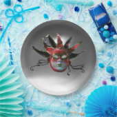 BLACK RED JESTER MASK, Masquerade Party Papieren Bordje (Feest)