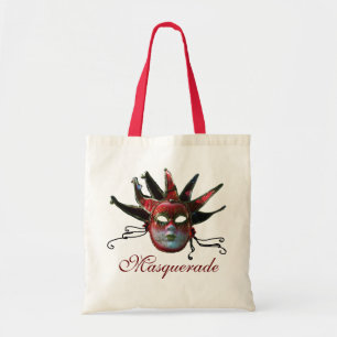 BLACK RED JESTER MASK, Masquerade Party Tote Bag