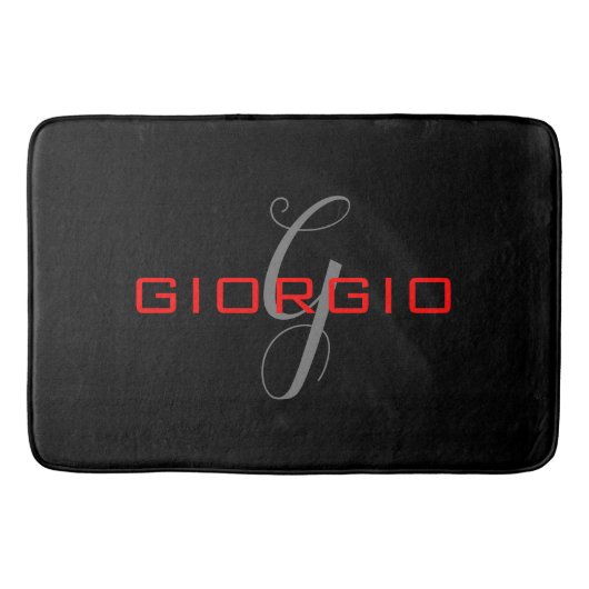 Black Red Jouw naam Initiaal Monogram Modern Badmat (Voorkant)