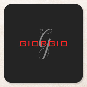 Black Red Jouw naam Initiaal Monogram Modern Vierkante Kartonnen Onderzetter