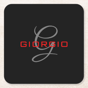 Black Red Jouw naam Initiaal Monogram Modern Vierkante Kartonnen Onderzetter