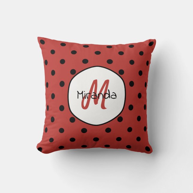 Black Red Ladybug Polka Dots Name en Monogram Kussen (Voorkant)