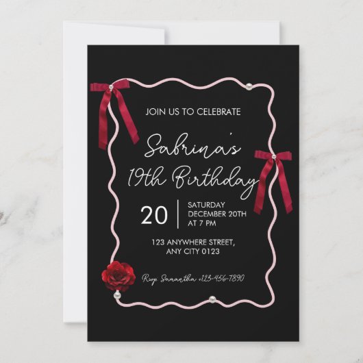Black Red Modern Coquette 19th Birthday Invitation (Devant)