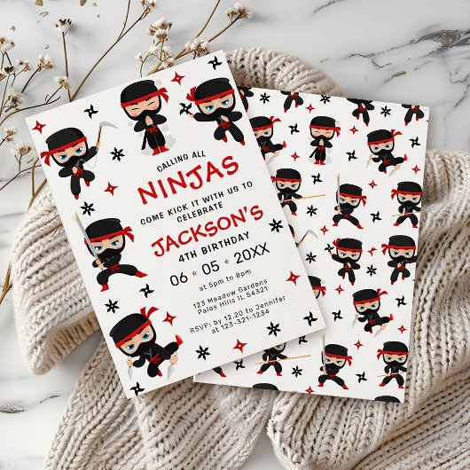 Black Red Ninja Guerrier Anniversaire Invitation g