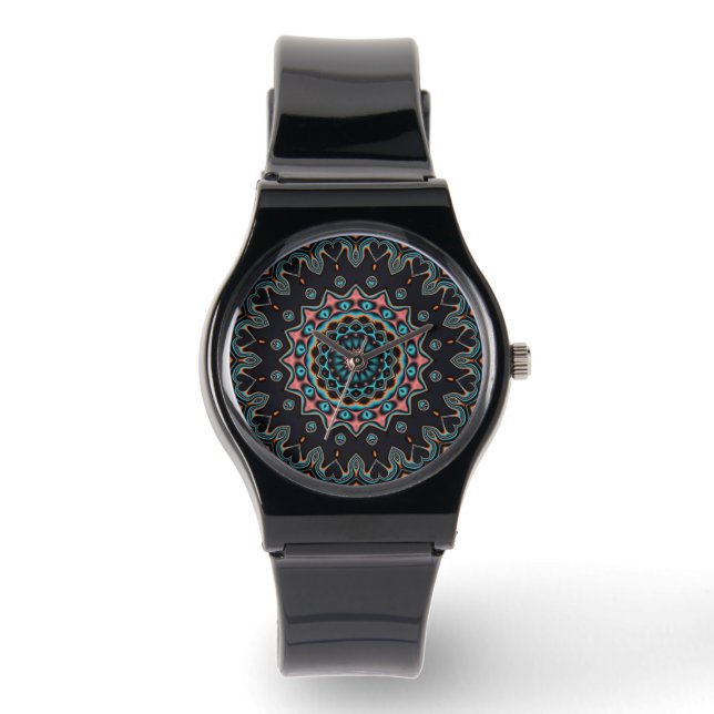 Black Red Oranje Blue Boho Mandala Horloge (Voorkant)