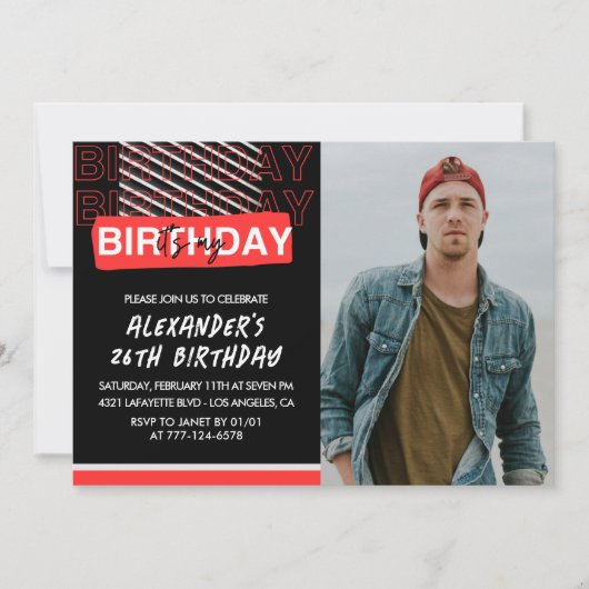 Black Red Photo 26e anniversaire invitations Homme (Devant)
