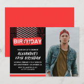 Black Red Photo 27e anniversaire invitations Homme (Devant / Derrière)