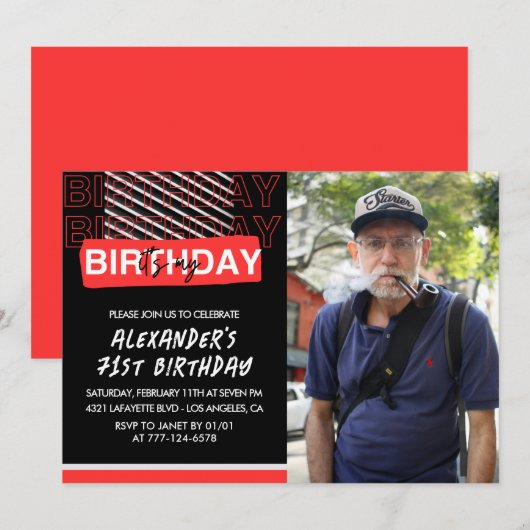 Black Red Photo 71e anniversaire invitations Homme (Devant / Derrière)