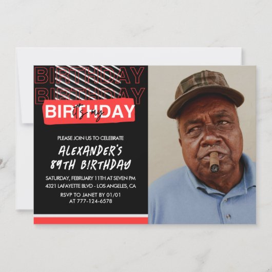 Black Red Photo 89e anniversaire invitations Homme (Devant)