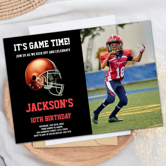 Black Red Photo Football Anniversaire Invitations