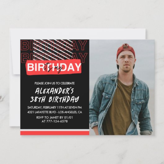 Black Red Photo Hommes 38e anniversaire invitation (Devant)
