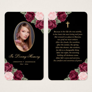 Black Red Pink Gold Floral Funeral Prayer Kaart
