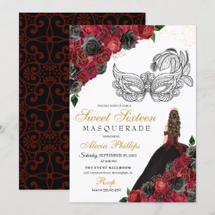 Black Red Princess Tiara Masquerade Sweet 16 Kaart