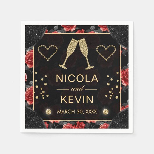 Black & Red Rose Pattern & Gold Diamonds Wedding Servet (Voorkant)