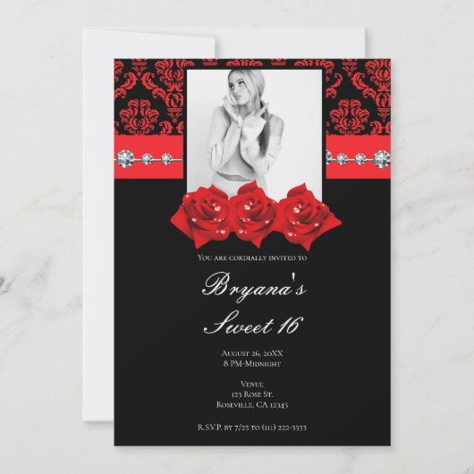Black Red Roses Damask Sweet 16 Photo Invitation (Devant)