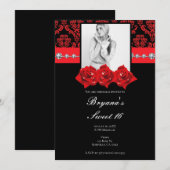 Black Red Roses Damask Sweet 16 Photo Invitation (Devant / Derrière)