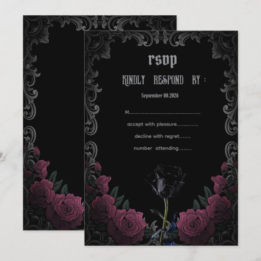  Black Red Roses Gothic  RSVP   Kaart (Voorkant / Achterkant)