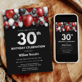 Black Red Silver & White 30th Birthday Invitation