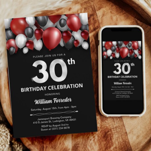 Black Red Silver & White 30th Birthday Invitation