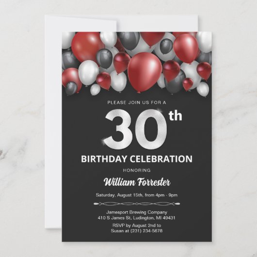 Black Red Silver & White 30th Birthday Invitation (Devant)