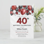 Black Red Silver & White 40th Birthday Invitation (Debout devant)