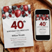 Black Red Silver & White 40th Birthday Invitation
