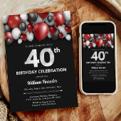Black Red Silver & White 40th Birthday Invitation