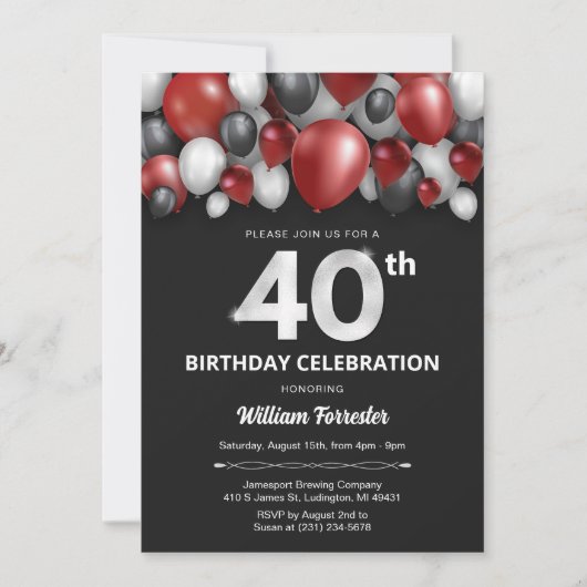Black Red Silver & White 40th Birthday Invitation (Devant)