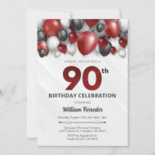 Black Red Silver & White 90th Birthday Invitation (Devant)