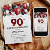 Black Red Silver & White 90th Birthday Invitation