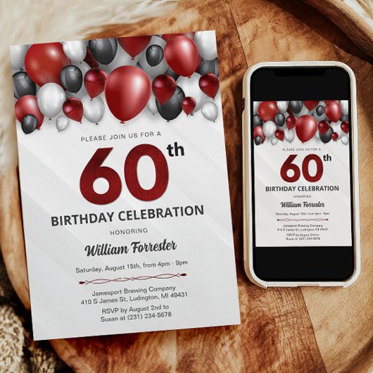 Black Red Silver & White Invitation 60e anniversai