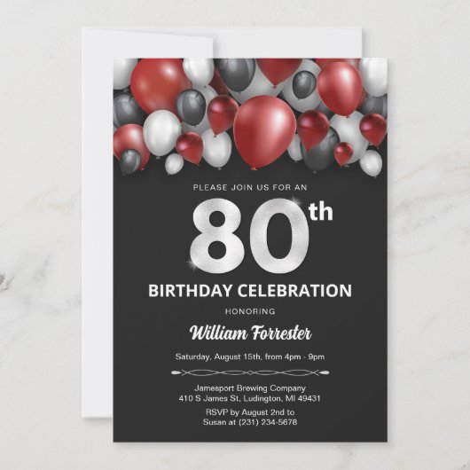 Black Red Silver & White Invitation de 80e anniver (Devant)
