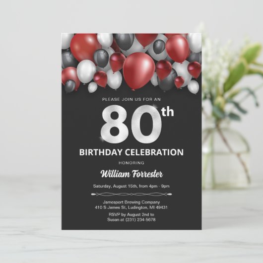 Black Red Silver & White Invitation de 80e anniver (Debout devant)