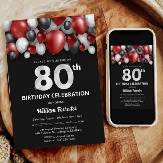 Black Red Silver & White Invitation de 80e anniver