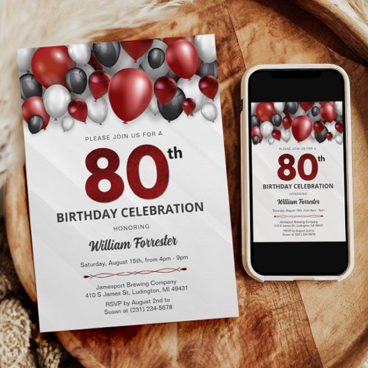 Black Red Silver & White Invitation de 80e anniver