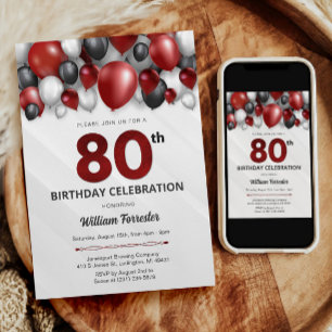 Black Red Silver & White Invitation de 80e anniver