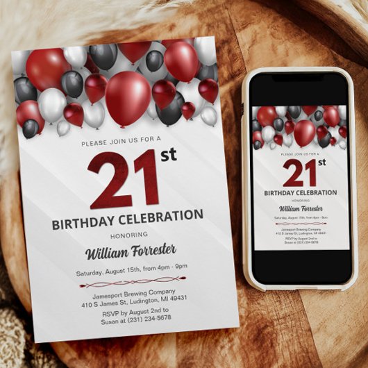 Black Red Silver & White Invitation du 21e anniver