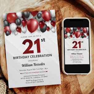 Black Red Silver & White Invitation du 21e anniver