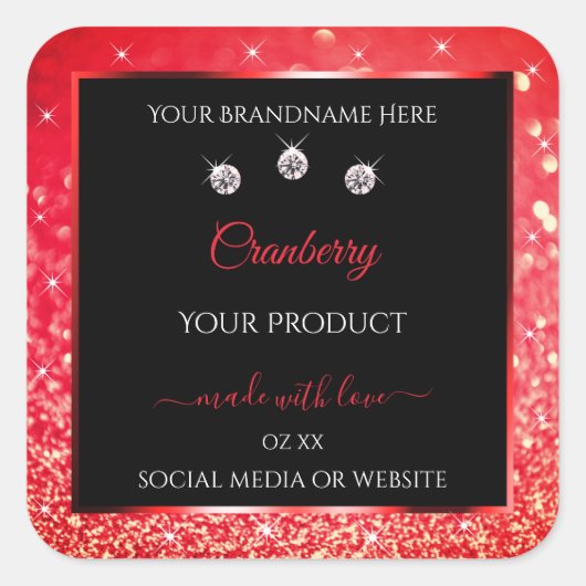 Black Red Sparkle Glitter Product Packaging Labels (Voorkant)