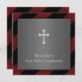 Black Red Stripe Boy First Communion Invitation (Devant / Derrière)